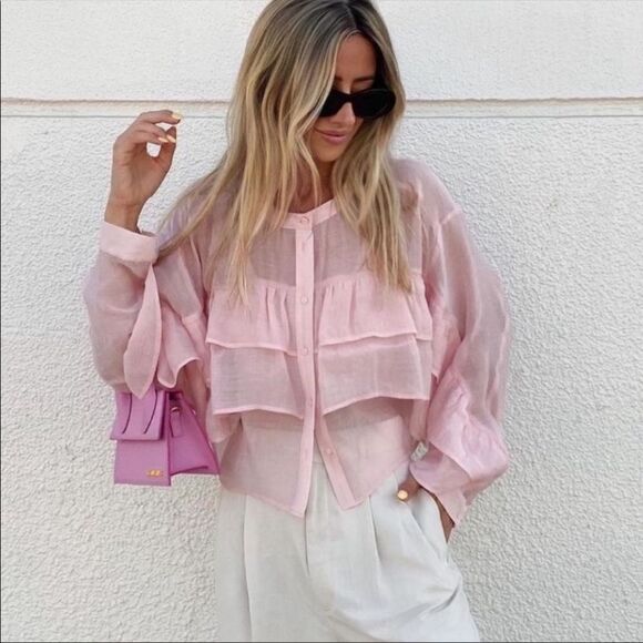 Zara romantic pink lyocell blend ruffle blouse - Picture 7 of 11